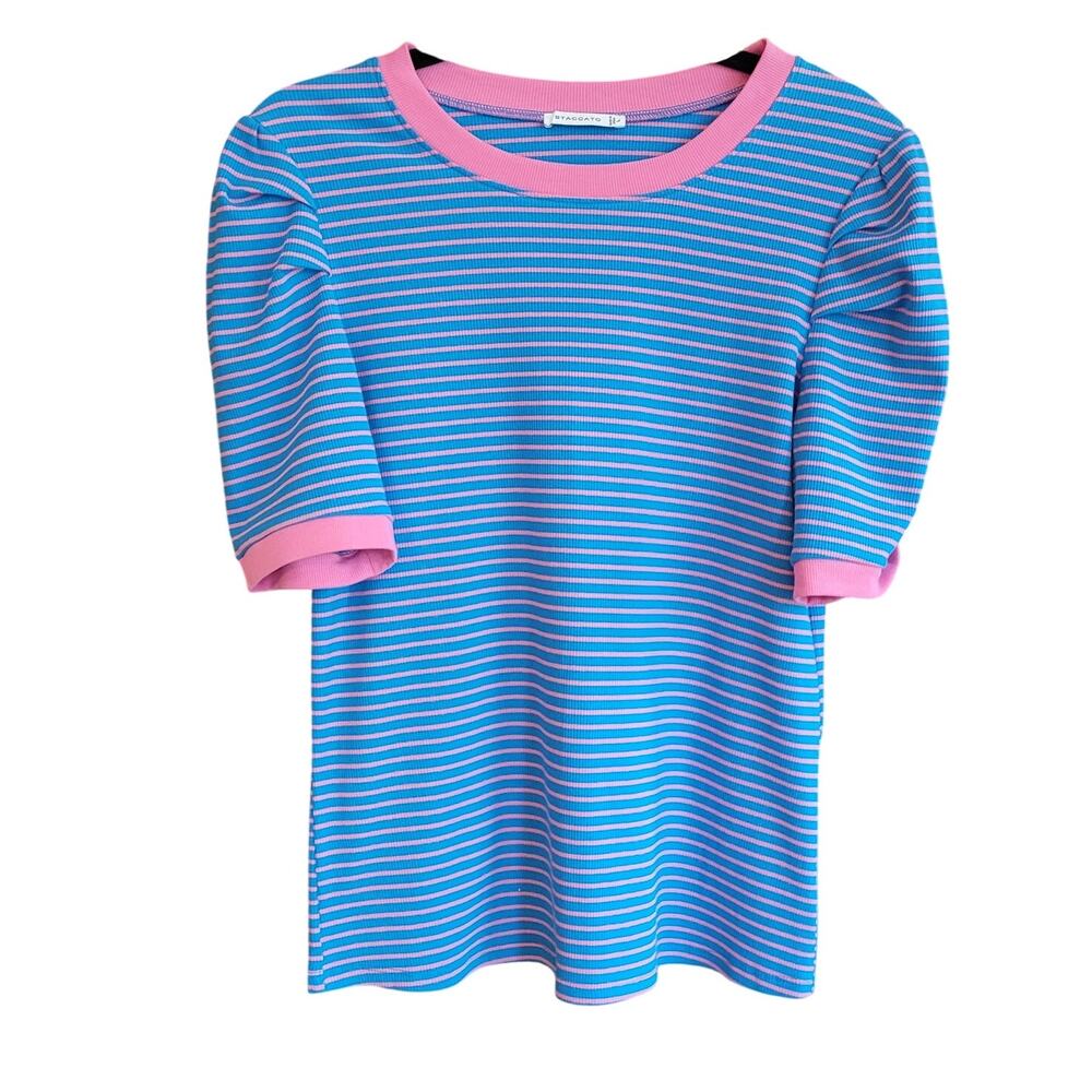 Staccato Blue Pink Striped Ribbed Shirt Short Sleeve Knit Tee Y2K Casual Preppy